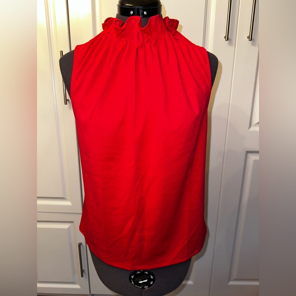 Pinkish red top with high ruched collar